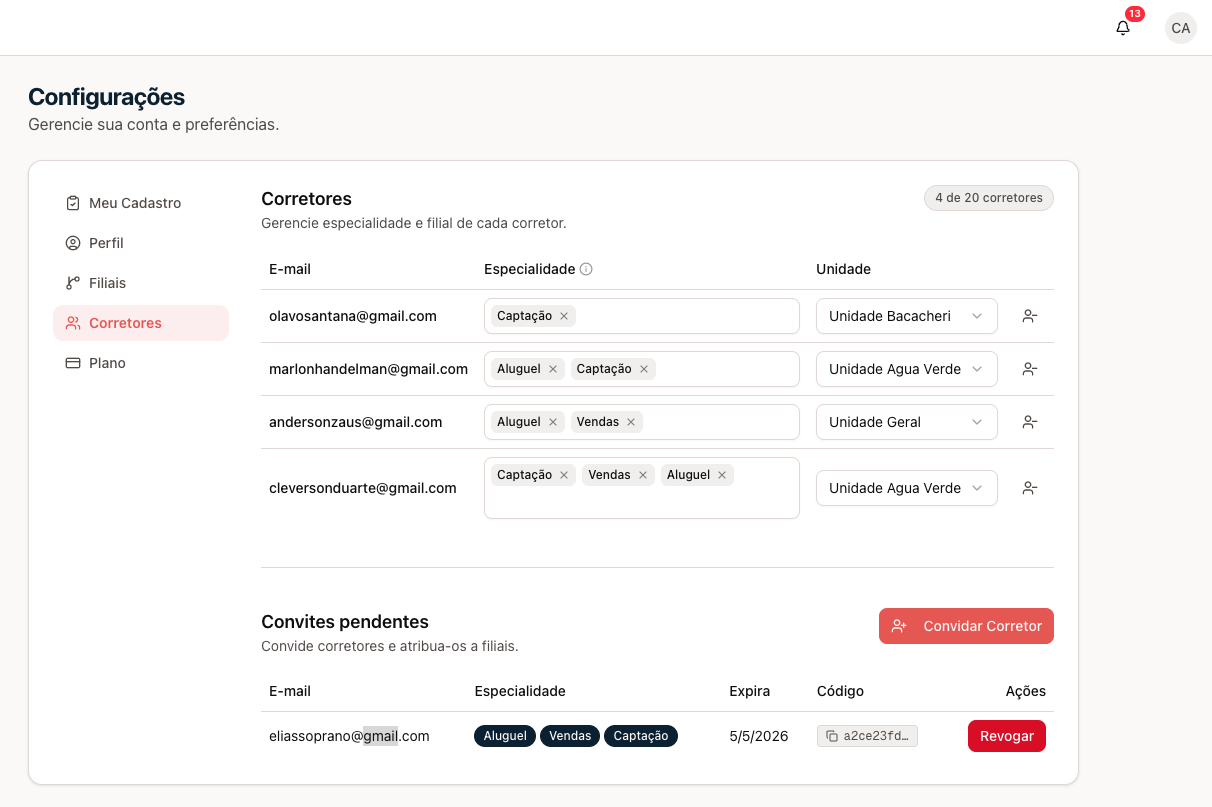 Screenshot: Equipe e unidades